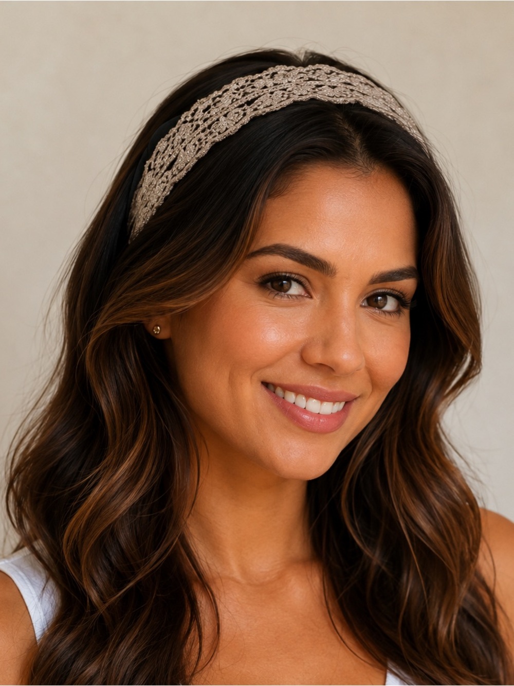Beige Crochet Lace Wide Headband - Women Accessories
